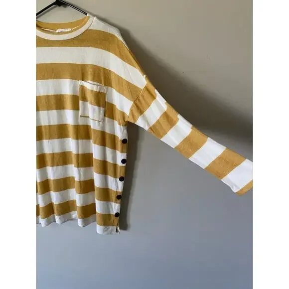 Reborn J Light Mustard Yellow & White Long Sleeved Pocket Striped Fall Top NWOT - Picture 2 of 4